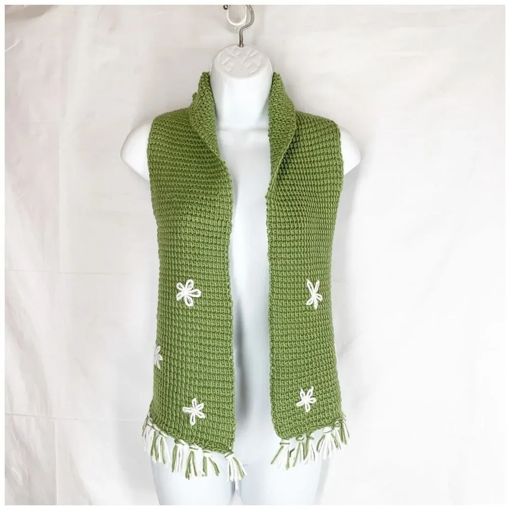 Hand Knit Neck Warmer Scarf Green White Daisy Flowers Boho Hippie Retro